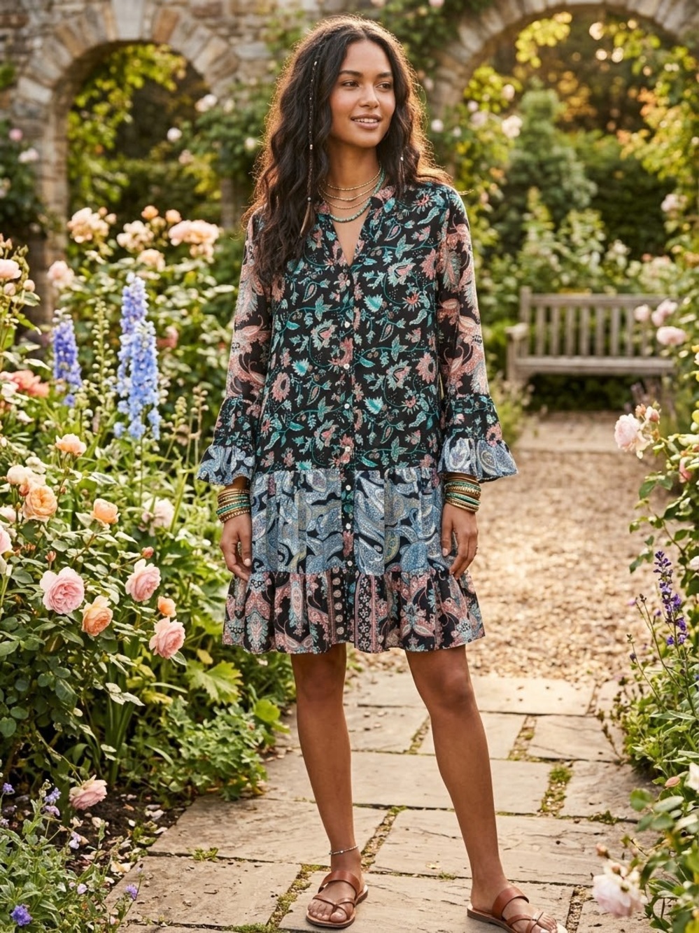 Karma Highway Boho Ruffle Tiered Floral Mini Dress
